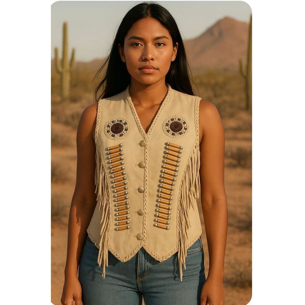 Bikers Apparel 2XL leather cream fringe vest epaulette beaded NWT button up boho